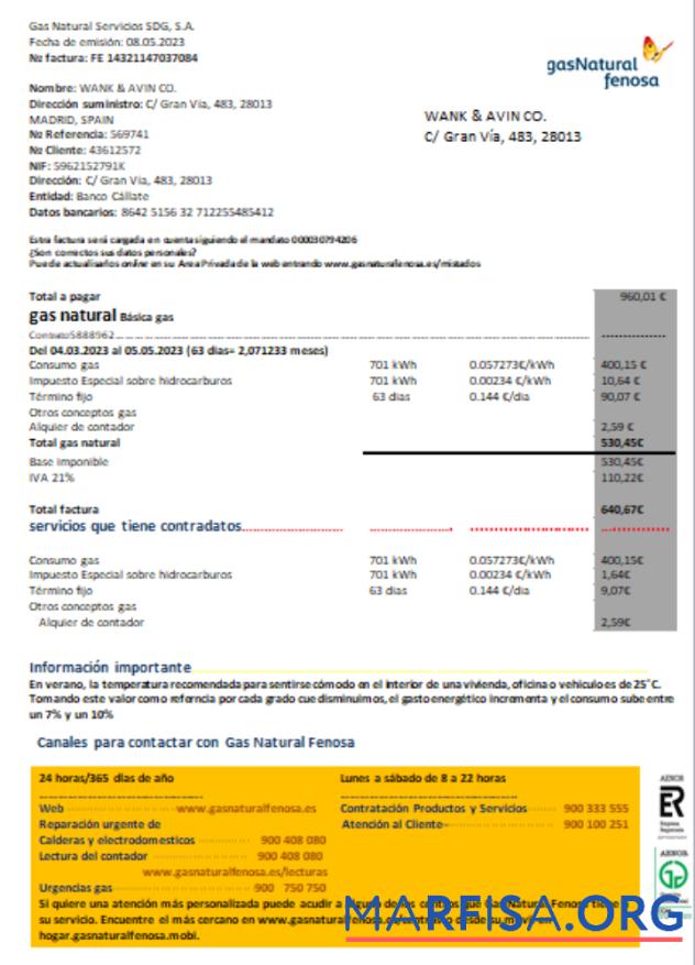 Printable Spain GasNatural fenosa utility business bill, SCR template